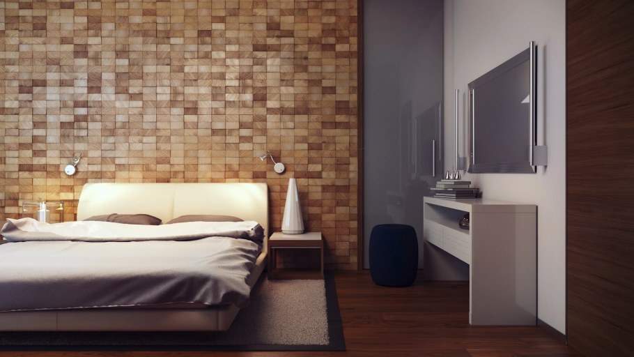 Деревянная мозайка в интерьере спальни