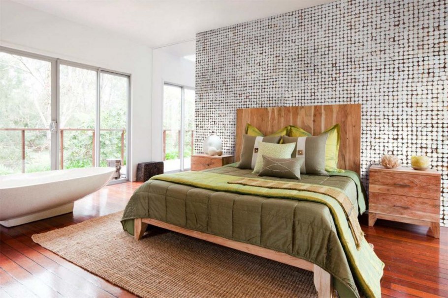 Деревянная мозаика в интерьере спальни
