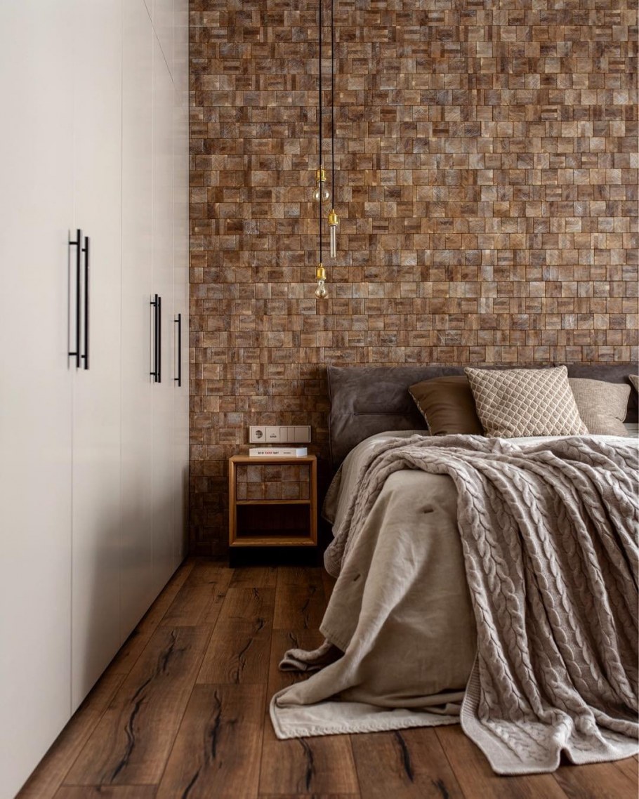 Деревянная мозаика в интерьере спальни