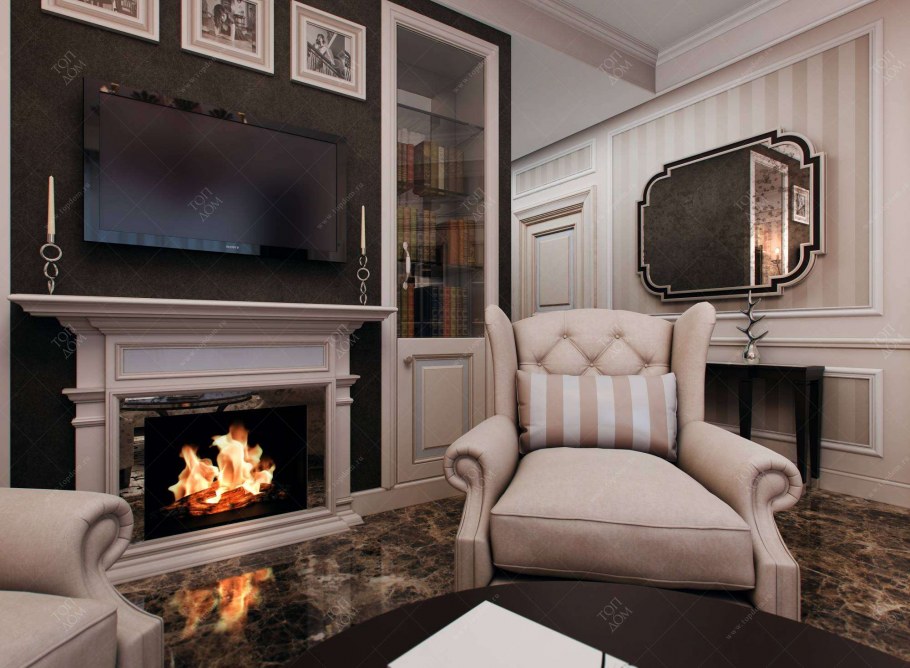 Гостиная с камином и телевизором