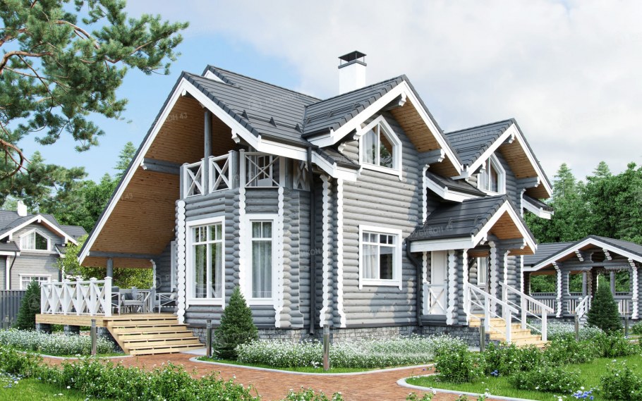 Дом оцилиндрованное бревно серый