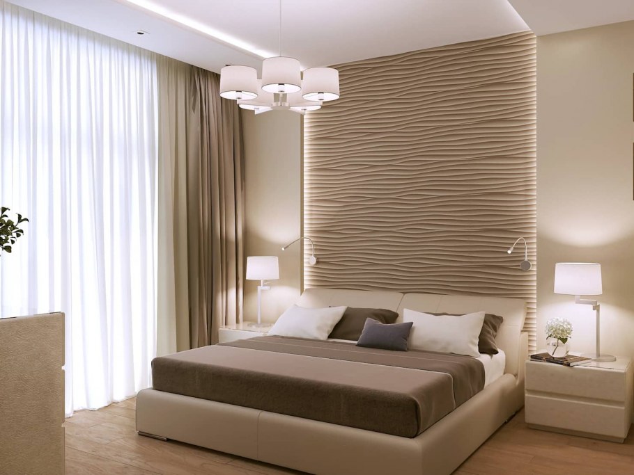 Бежевая спальня с белой мебелью