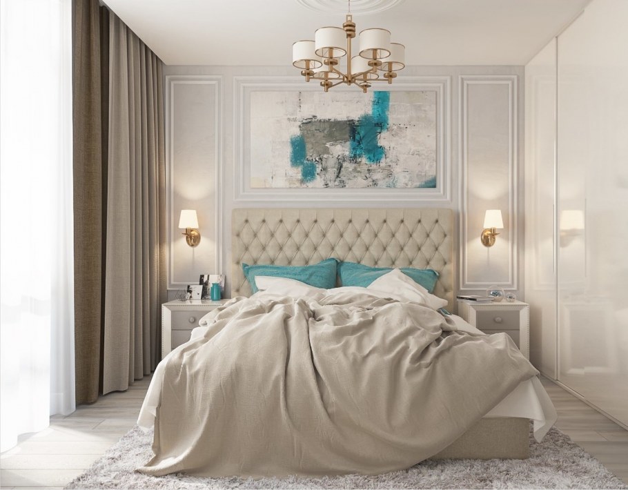 Неоклассика спальни в бирюзовом цвете
