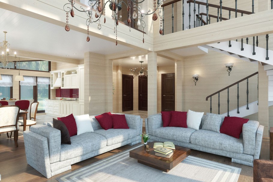 Гостиная-кухня в доме из бруса со вторым светом