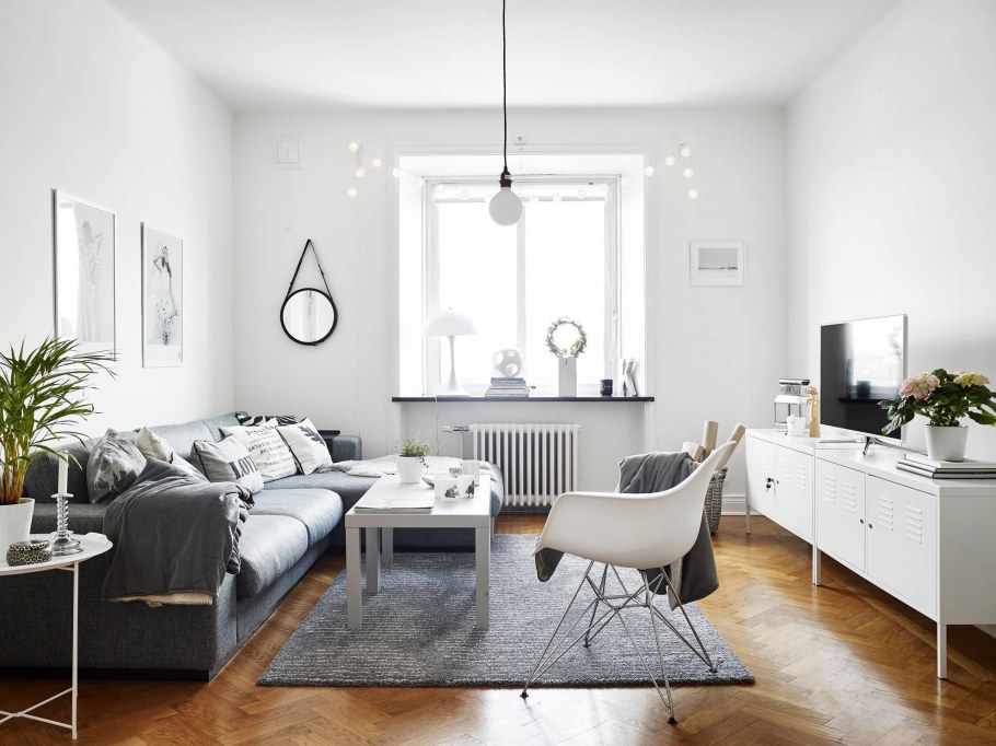 Кухня гостиная в скандинавском стиле с серыми стенами