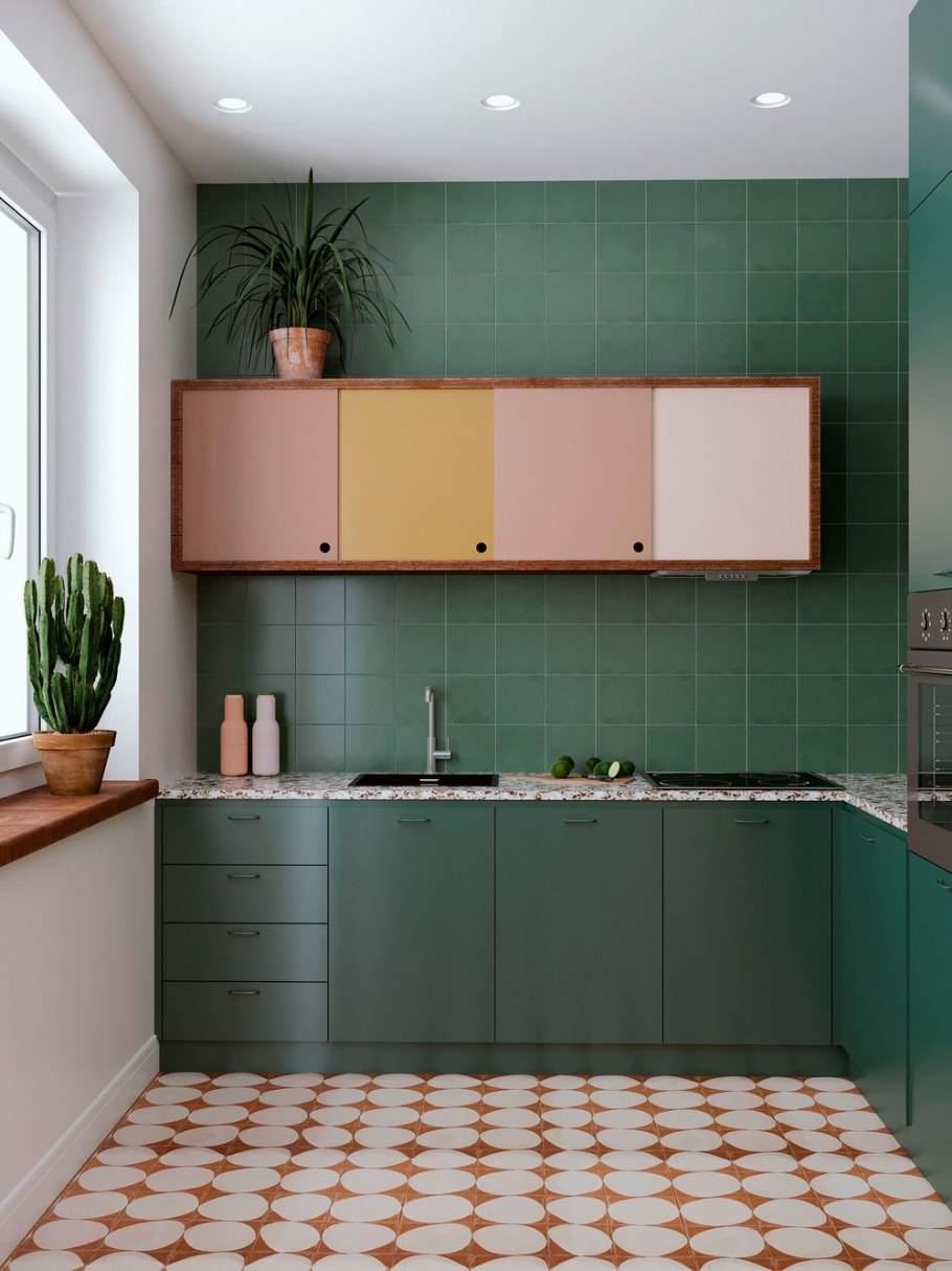 Кухня в зелено розовых тонах