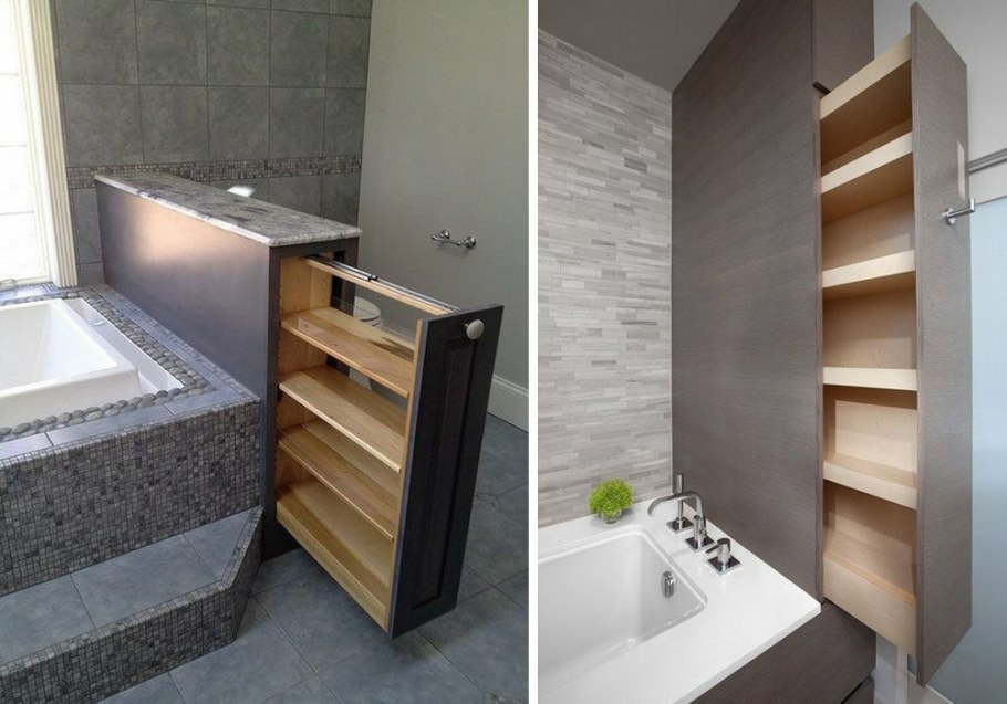 Встроенный стеллаж в ванной