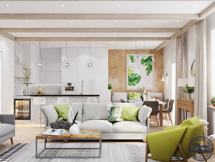 Интерьер гостиной в современном стиле с элементами эко стиля