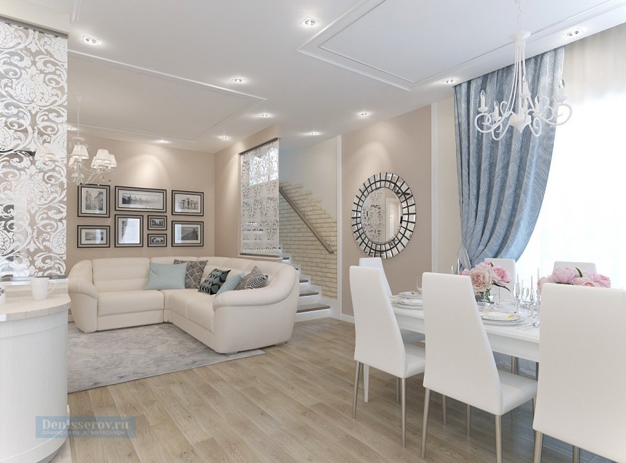 Столовая в деревянном доме в светлых тонах