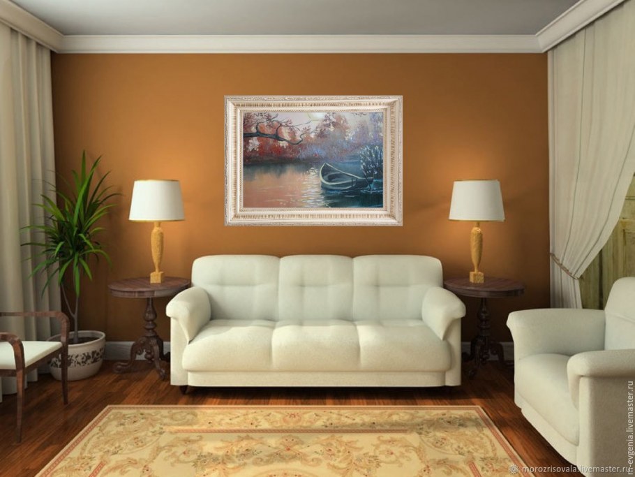 Картины в интерьере гостиной над диваном
