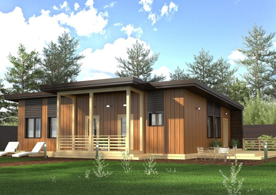 Одноэтажный дачный домик с террасой