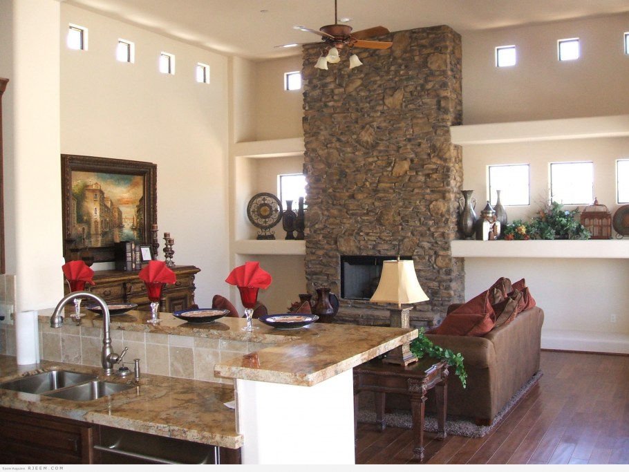 Декоративный камень в интерьере кухни гостиной