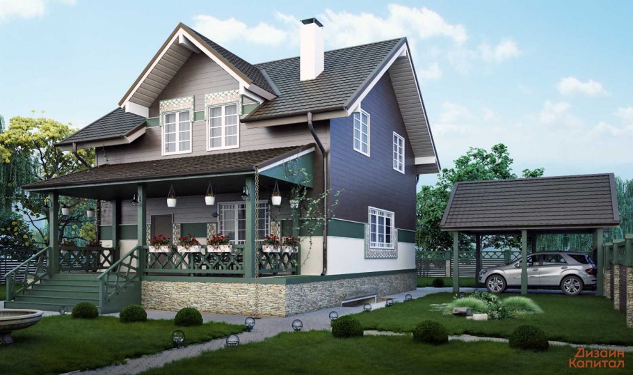 Фасады домов с мансардой и террасой