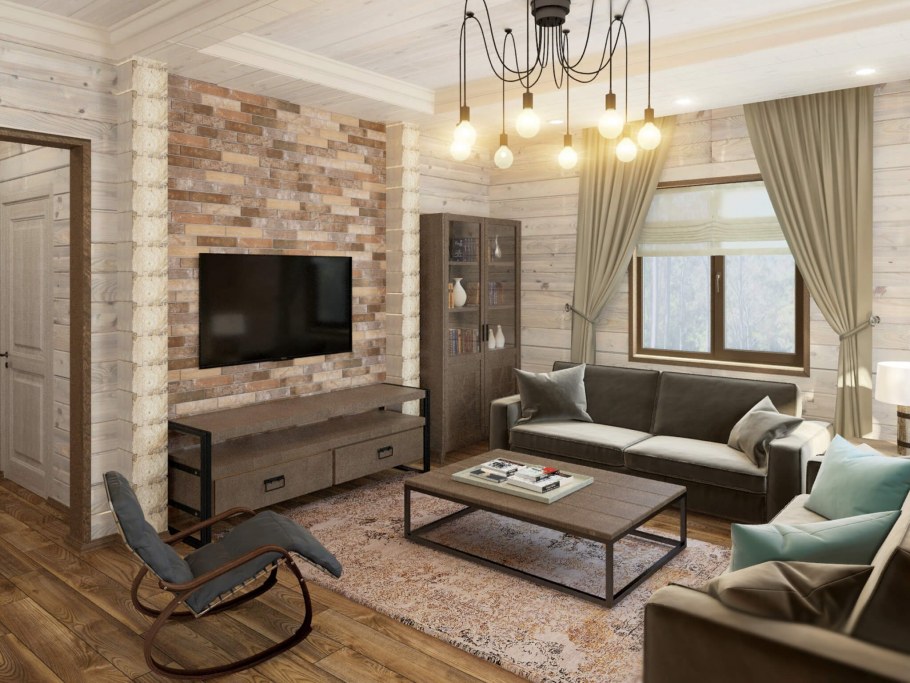 Интерьер гостиной в деревянном доме