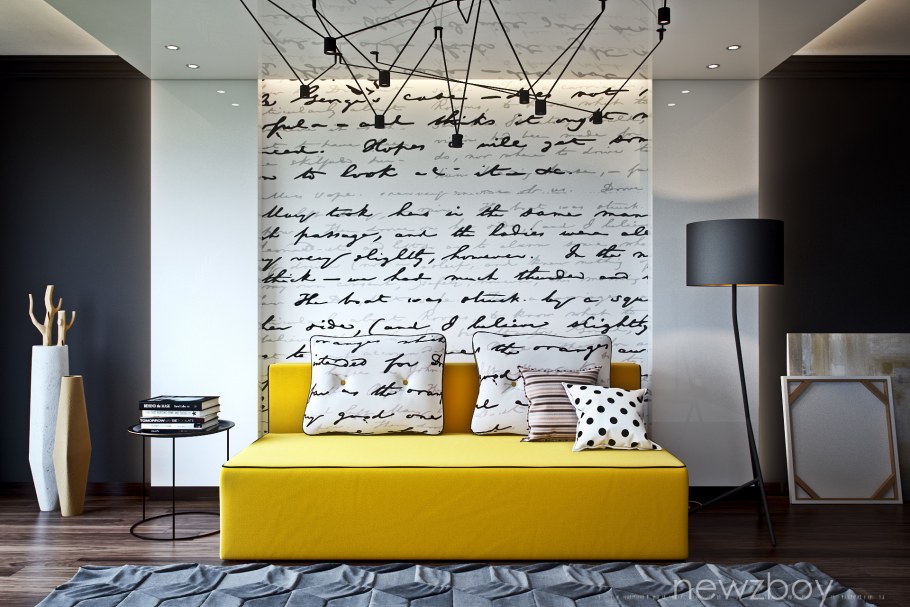 Черно бело желтый интерьер