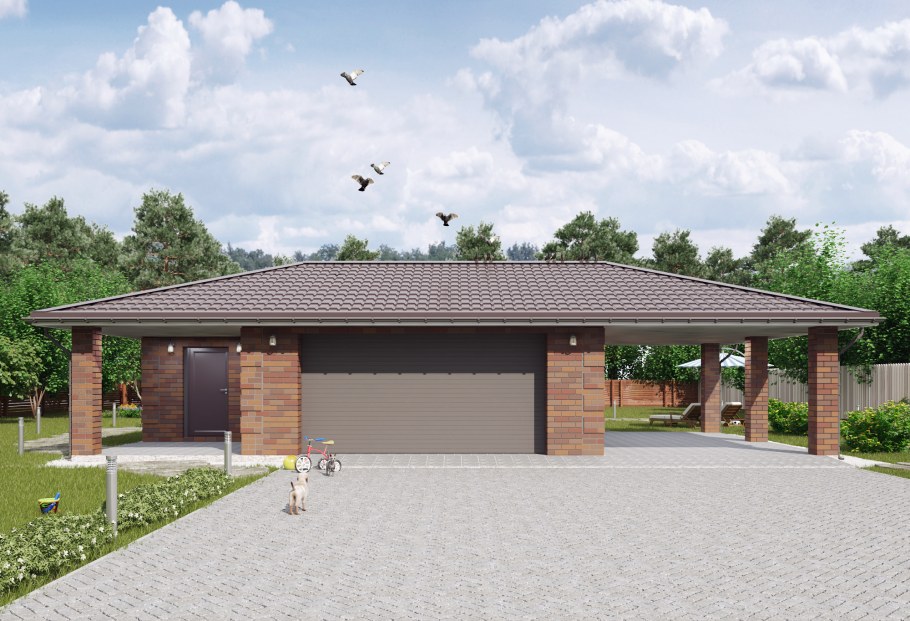 Гараж с навесом под одной крышей