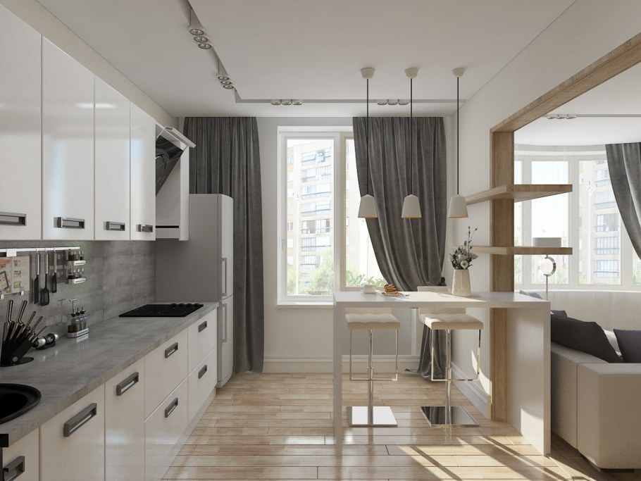 Интерьер кухни в трехкомнатной квартире