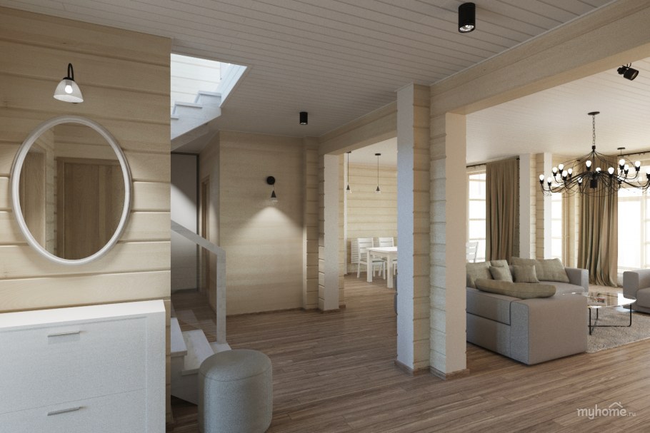 Интерьер кухни гостиной в доме из клееного бруса