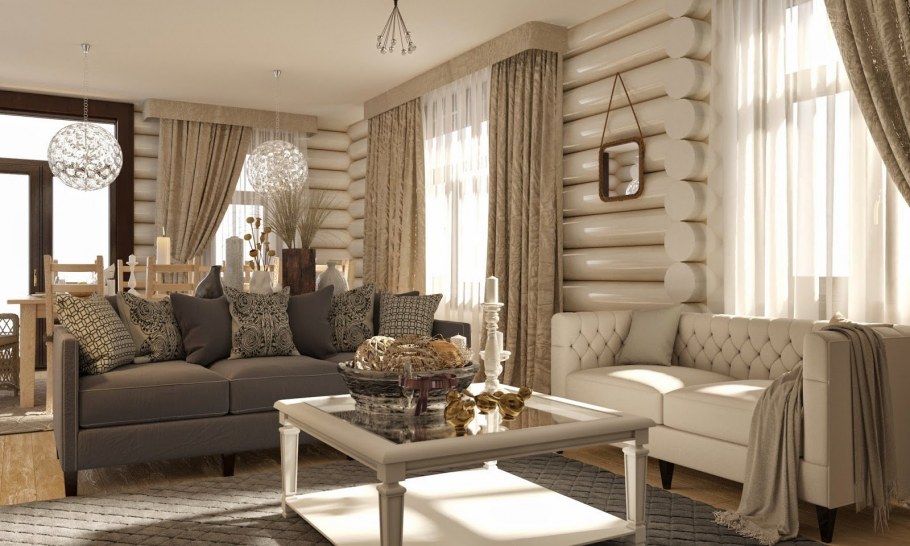 Гостиная в деревянном бревенчатом доме