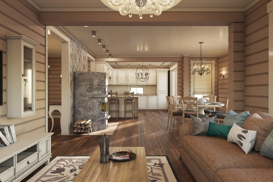 Интерьер кухни гостиной загородного дома