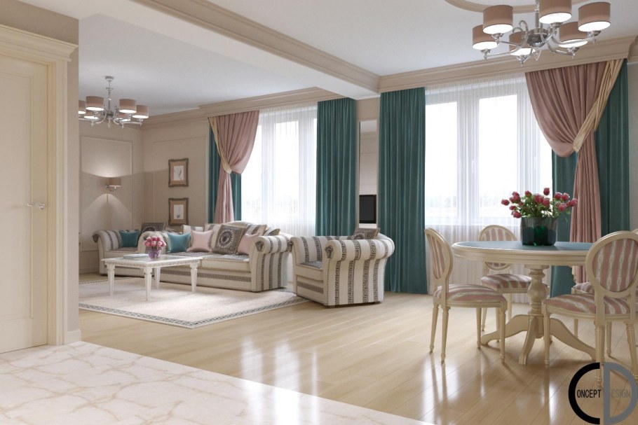 Гостиная в неоклассическом стиле в теплых тонах