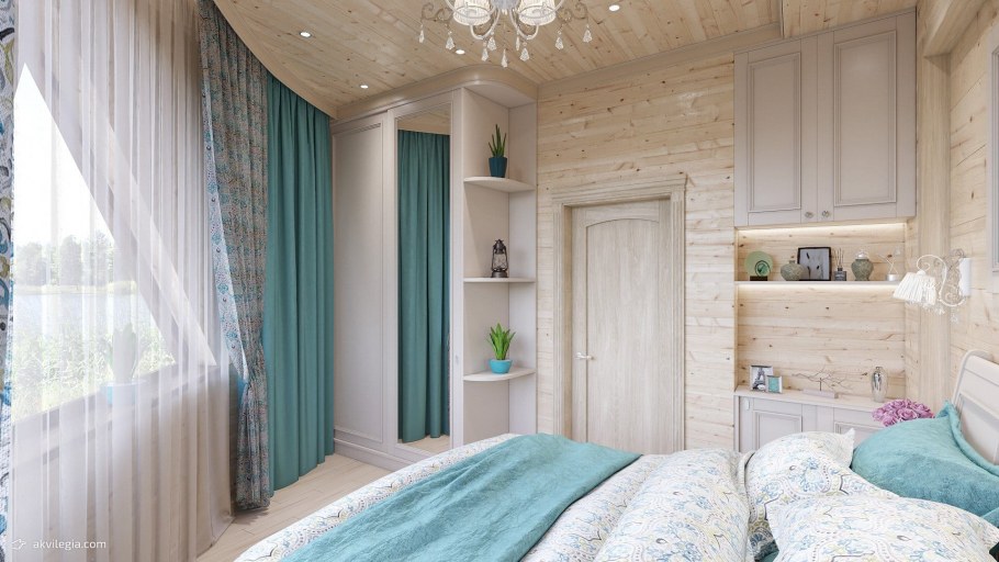 Бирюзовая спальня в деревянном доме