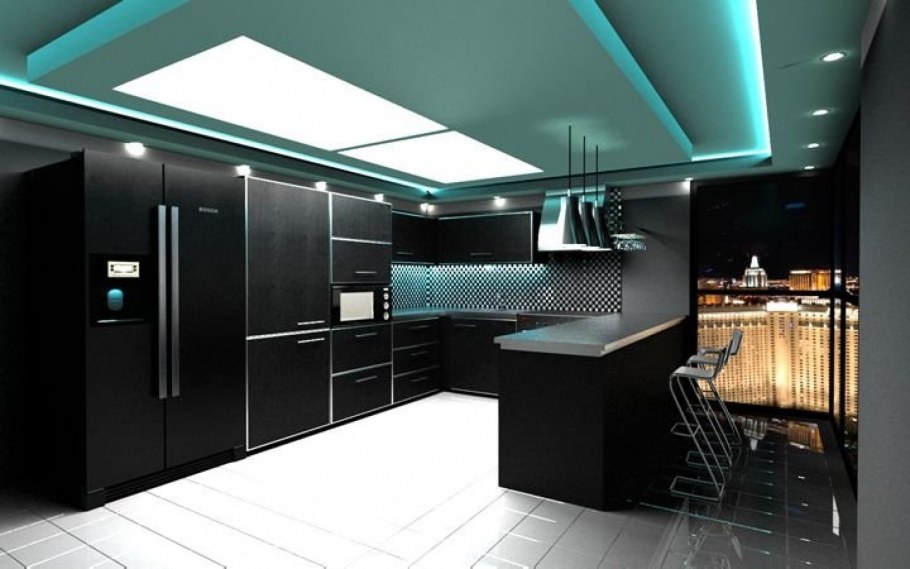 Черная кухня с панорамными окнами