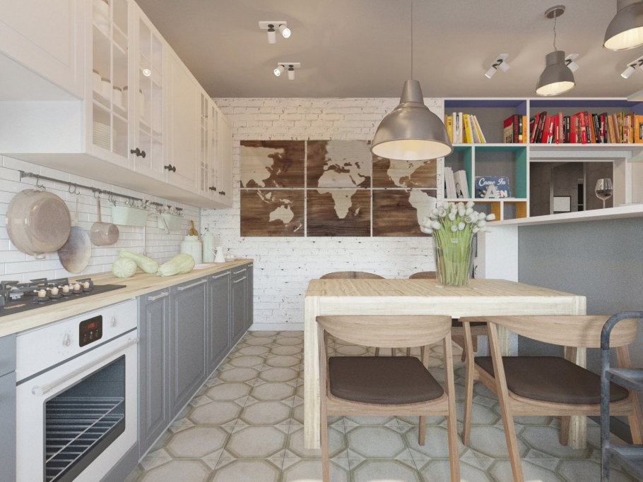 Плитка в кухне гостиной на полу в скандинавском стиле