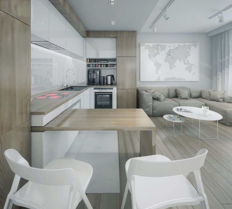 Современная кухня белая с барной стойкой