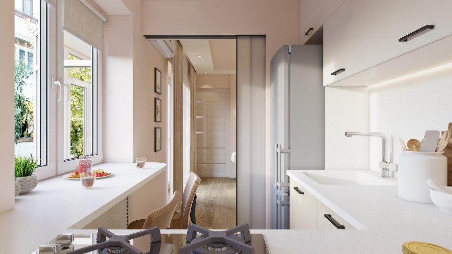 Кухня с балконом белая 14 кв.м