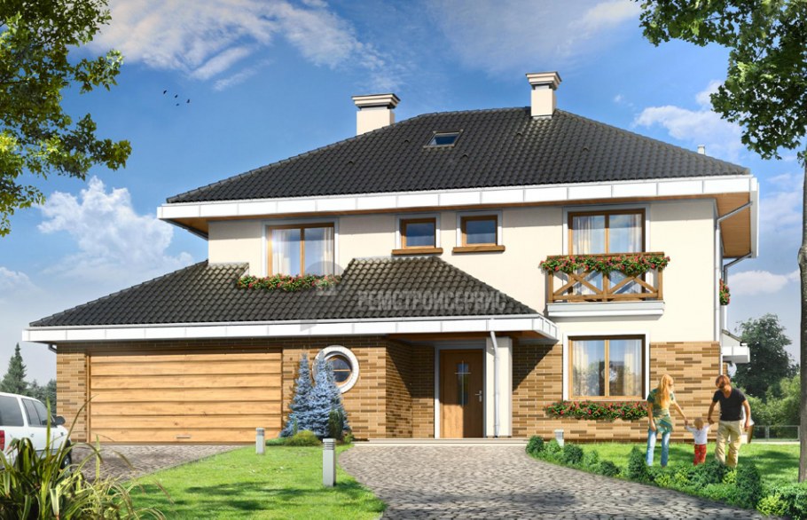 Фасад дома с четырехскатной крышей