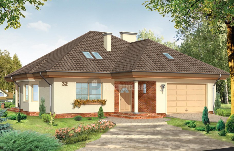 Одноэтажный дом с крыльцом и гаражом