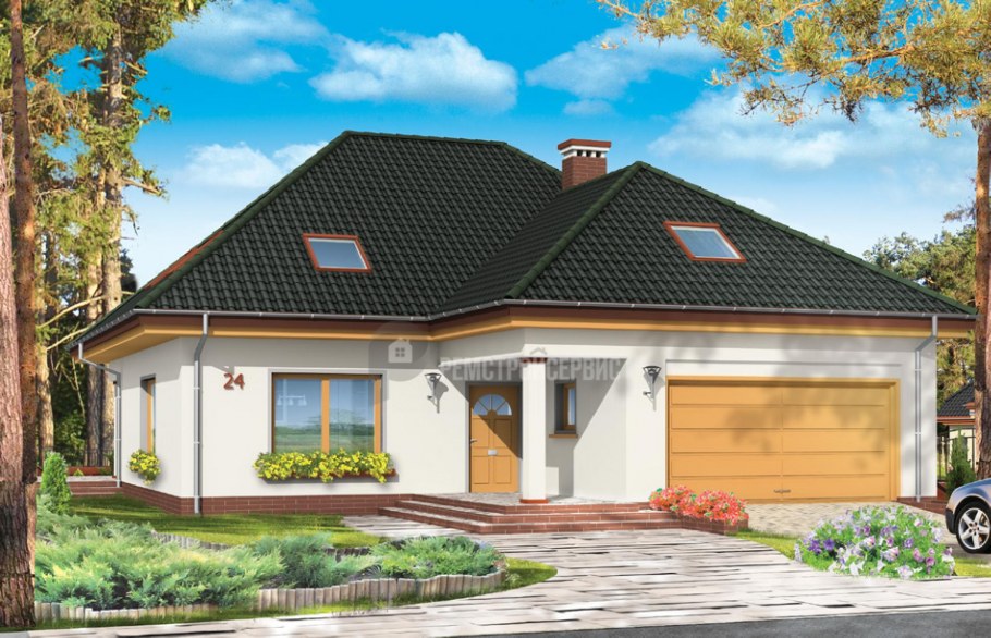 Одноэтажный дом из пеноблоков с гаражом