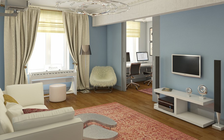 Серо голубые стены в гостиной