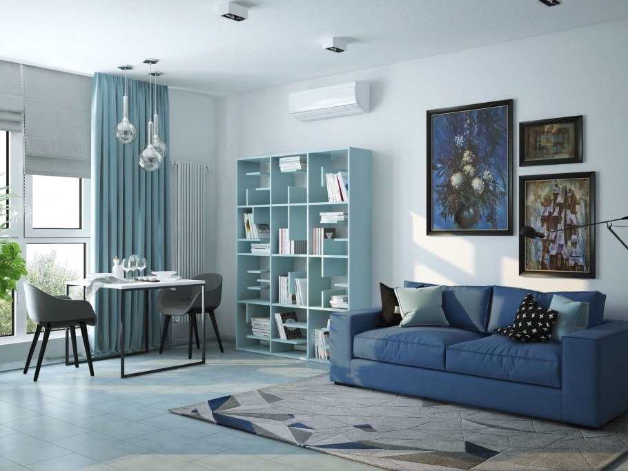 Серо голубые стены в гостиной