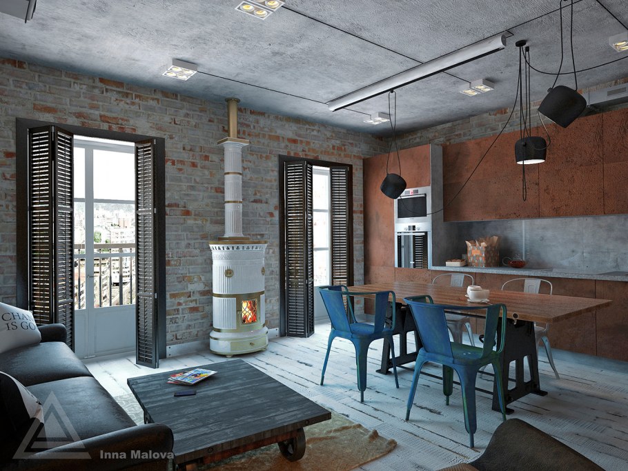 Отделка печки в бане металлом в стиле лофт
