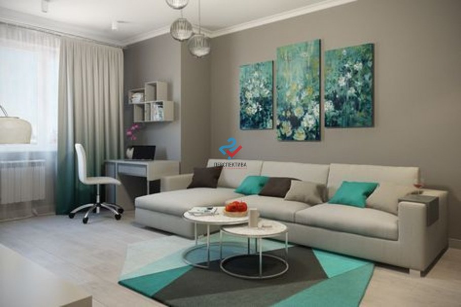 Зал в серо бирюзовых тонах