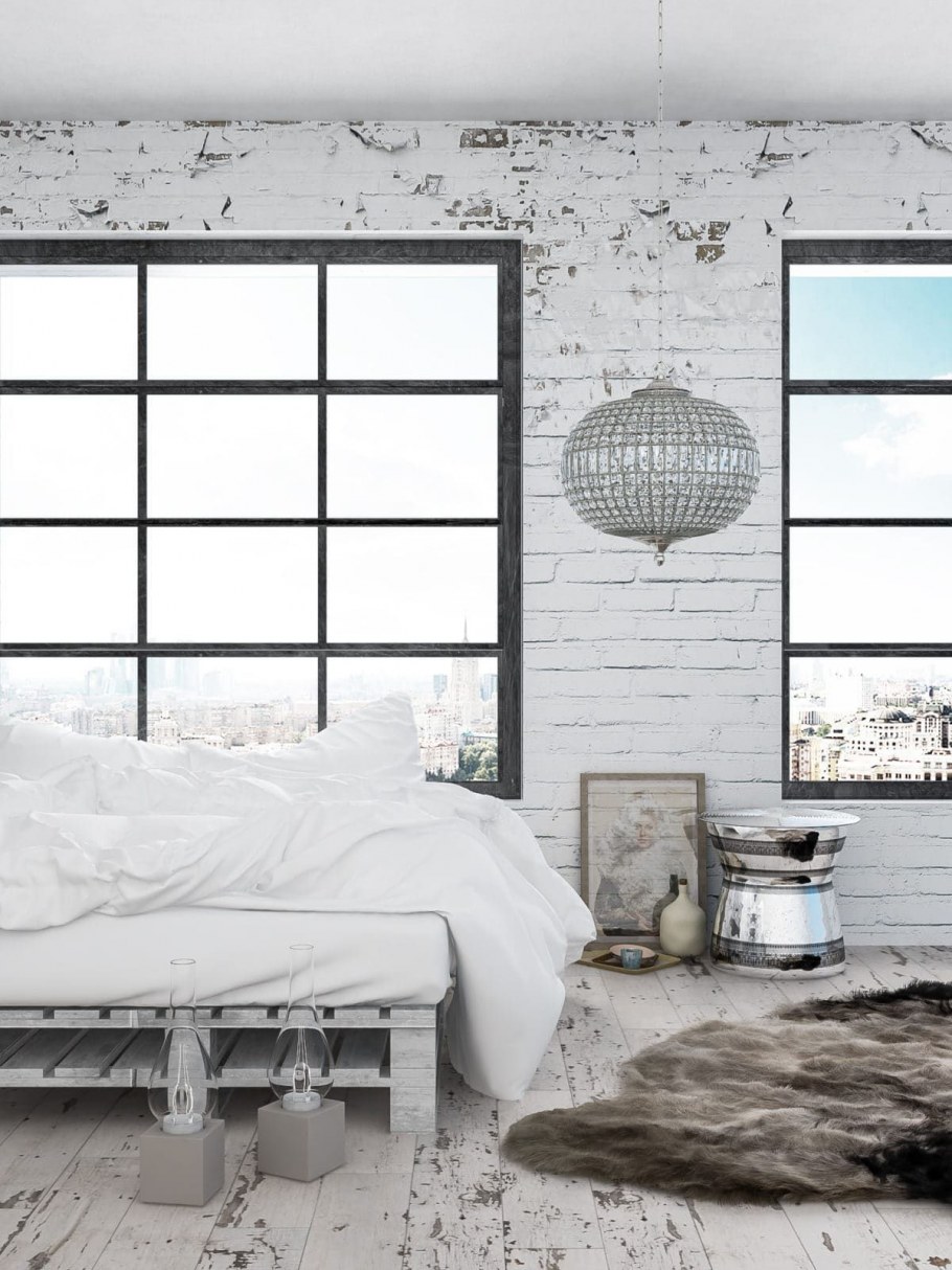 Спальня в стиле лофт в светлых