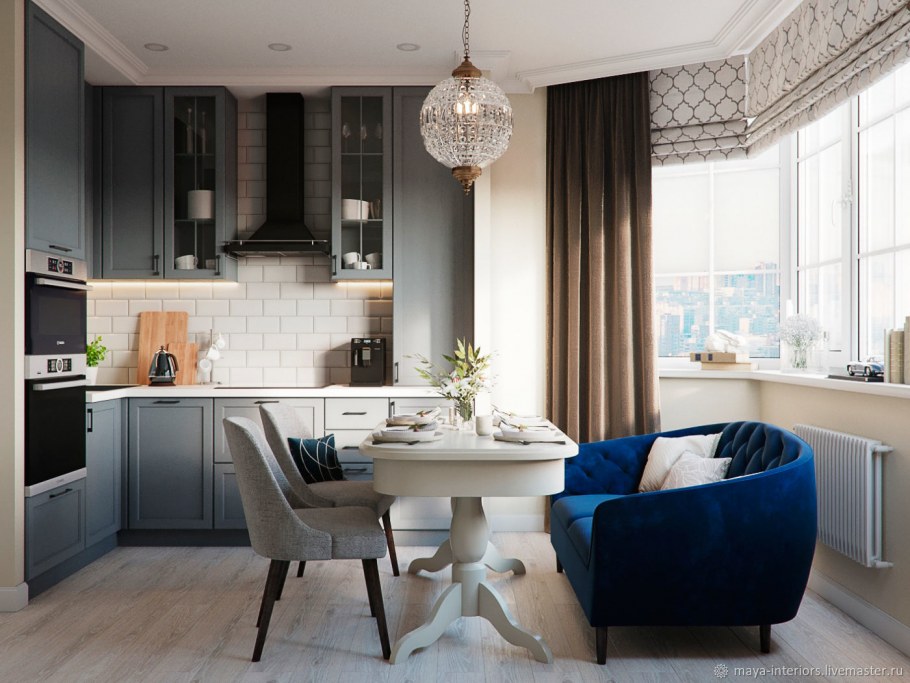 Серая кухня с эркером