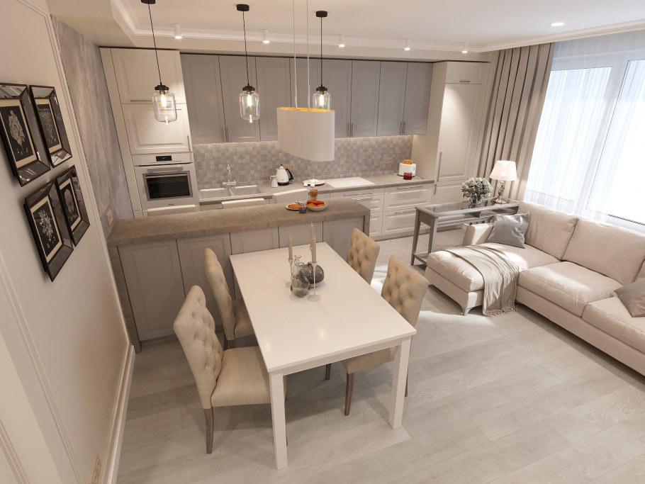 Кухня гостиная с большим столом и диваном