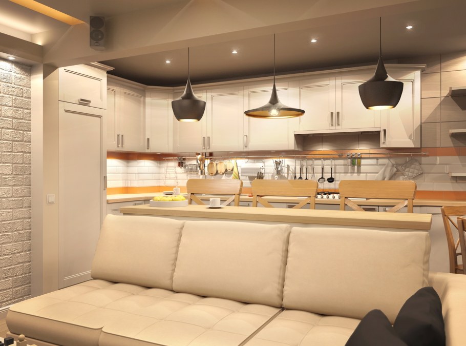 Обеденный стол за диваном