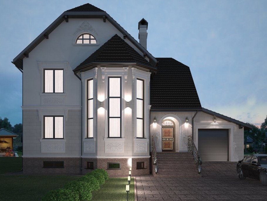 Подсветка фасада дома с эркером