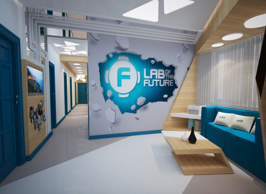 Логотип компании в интерьере офиса