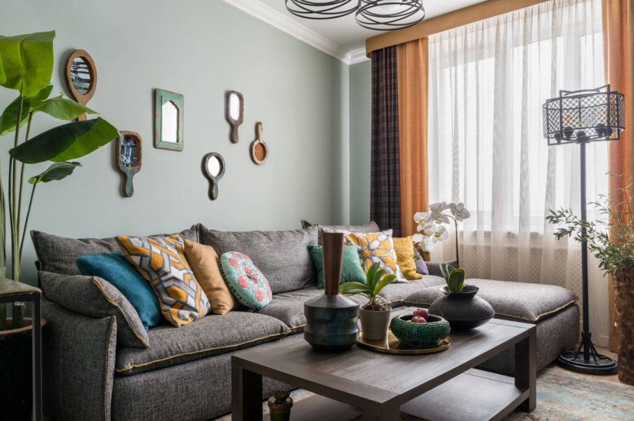 Интерьер в стиле бохо с серыми стенами гостиная 15 кв