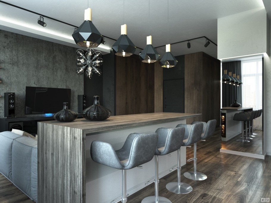 Барная стойка за диваном в гостиной