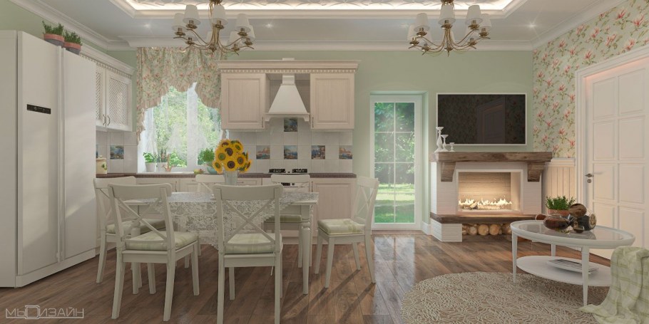 Кухня-столовая 20 кв.м в прованском стиле