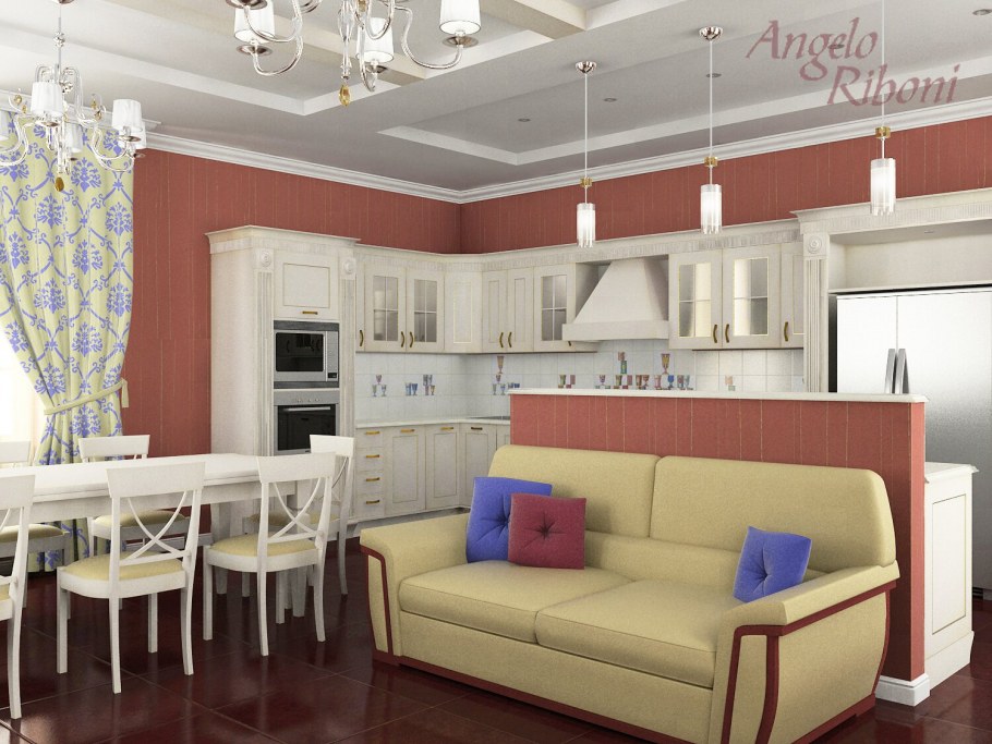 Кухня-гостиная 20 кв.м с диваном в стиле Прованс
