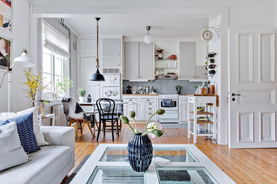 Кухня совмещенная с гостиной в скандинавском стиле