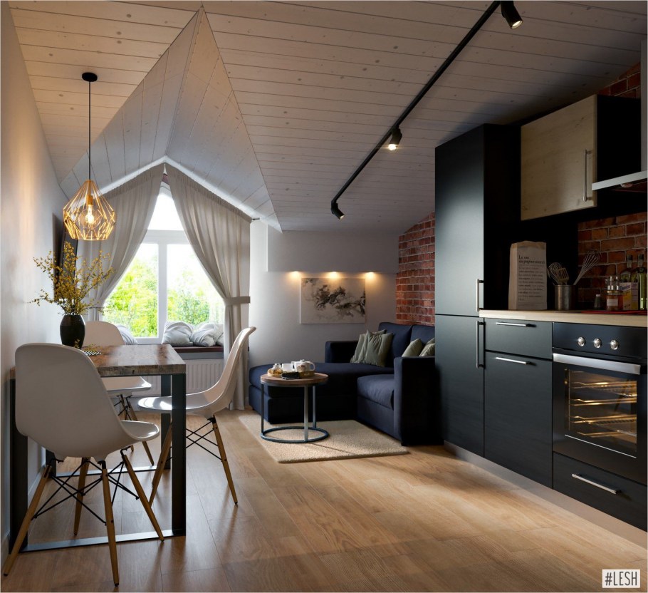 Кухня Объединенная с гостиной в скандинавском стиле