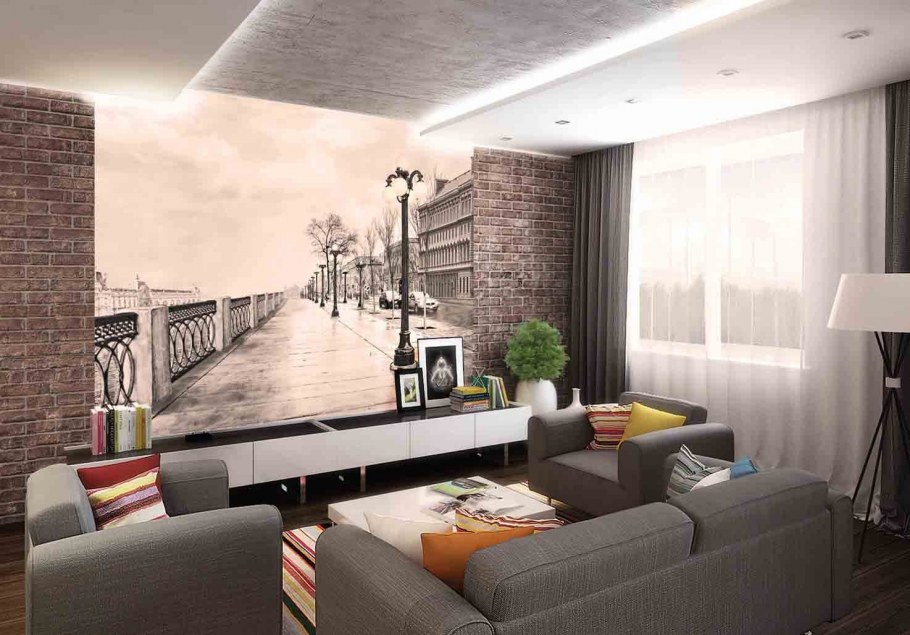 Контрастные обои в гостиной